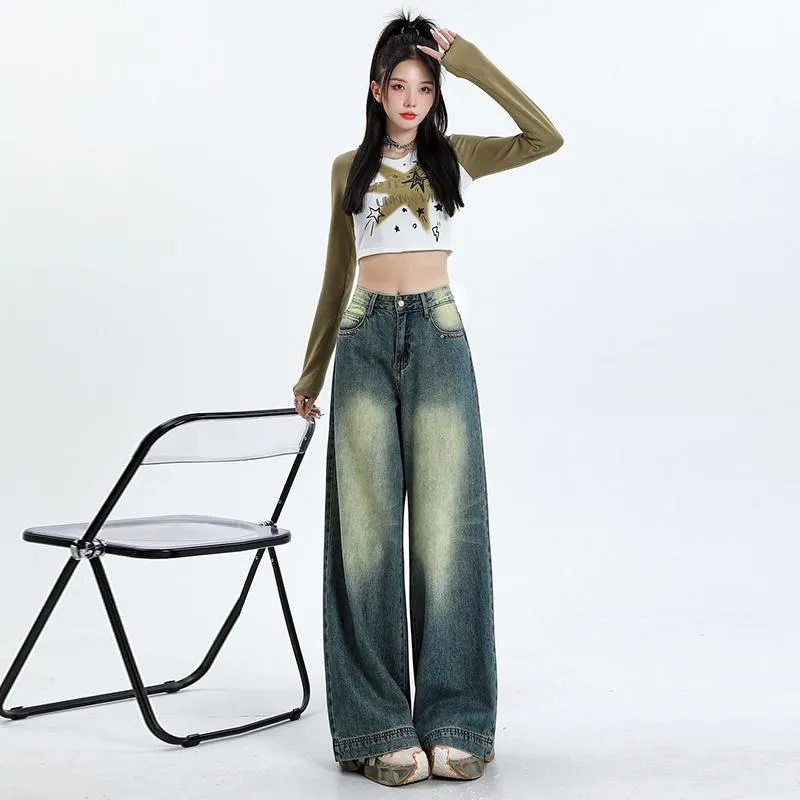 Floor-Length Retro Washed Straight Leg Jeans