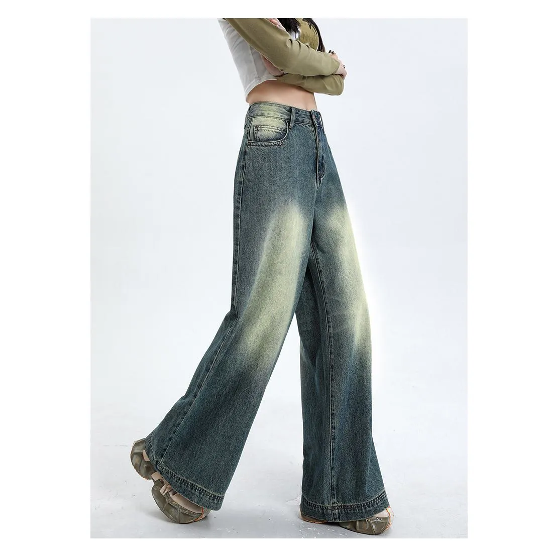 Floor-Length Retro Washed Straight Leg Jeans