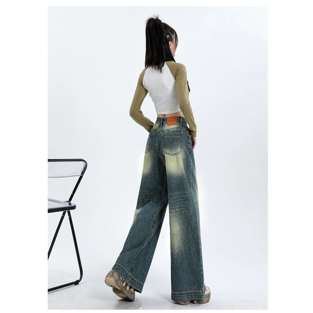 Floor-Length Retro Washed Straight Leg Jeans