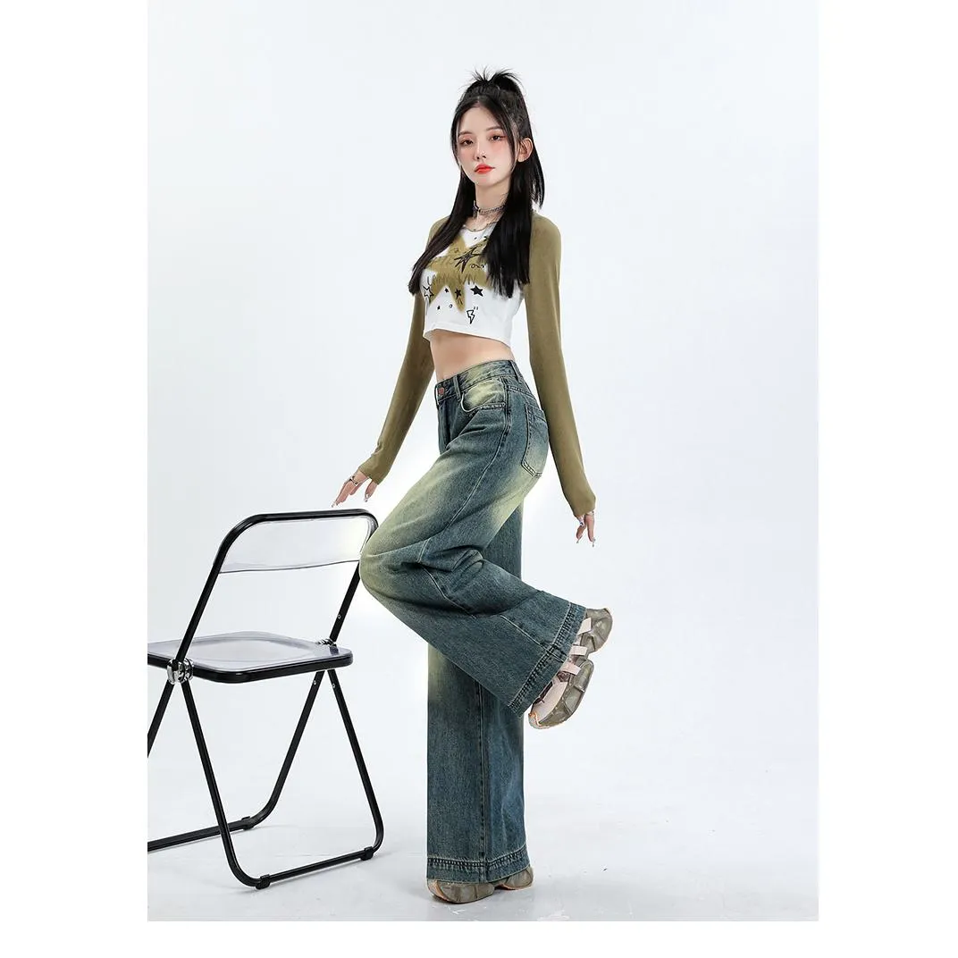 Floor-Length Retro Washed Straight Leg Jeans