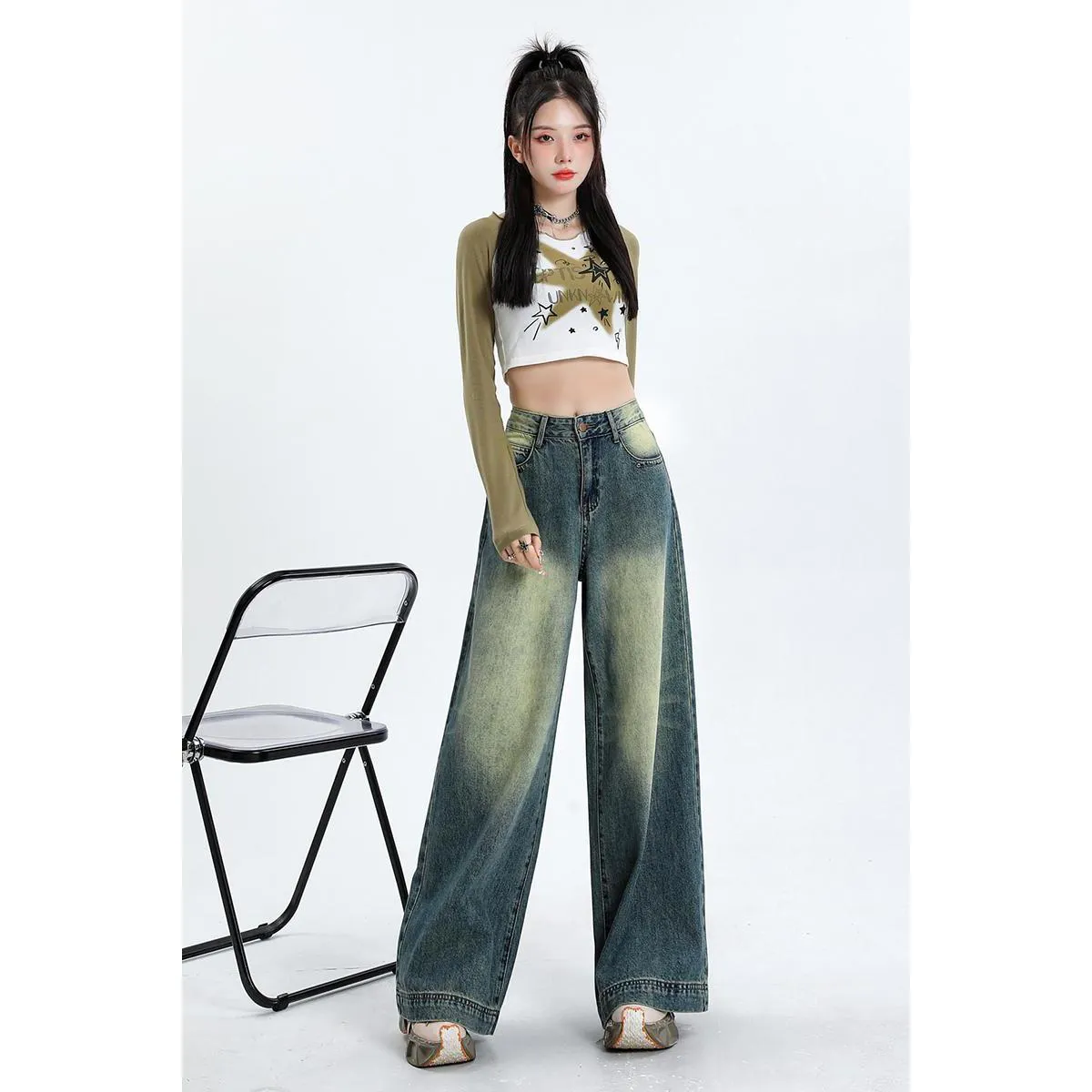 Floor-Length Retro Washed Straight Leg Jeans