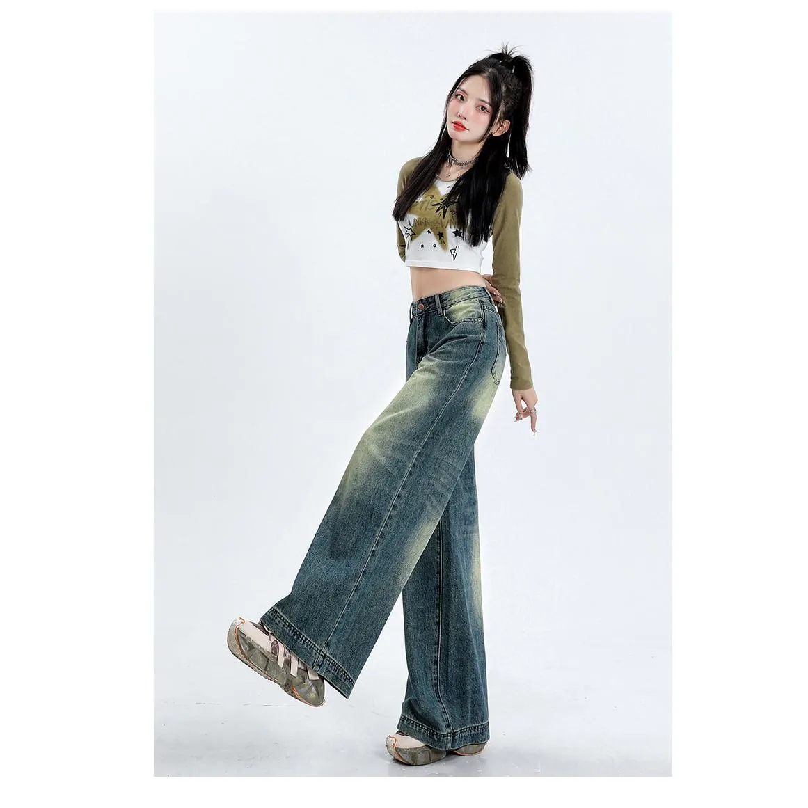 Floor-Length Retro Washed Straight Leg Jeans