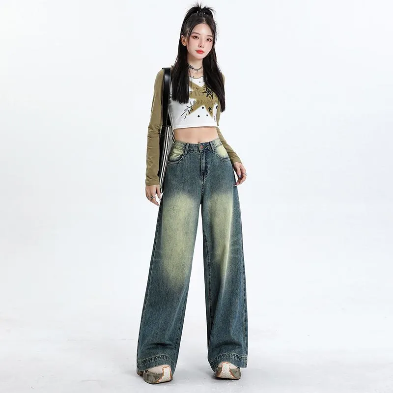 Floor-Length Retro Washed Straight Leg Jeans