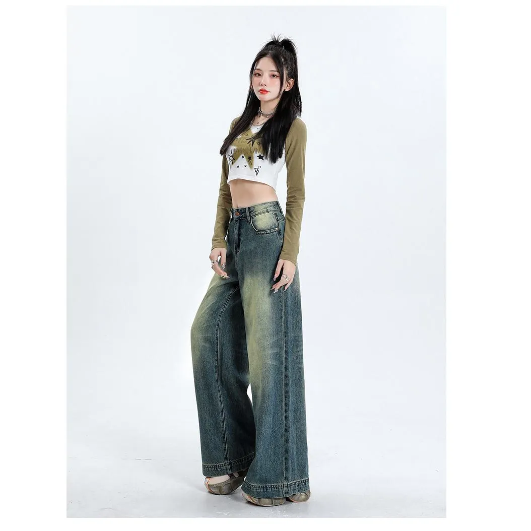 Floor-Length Retro Washed Straight Leg Jeans