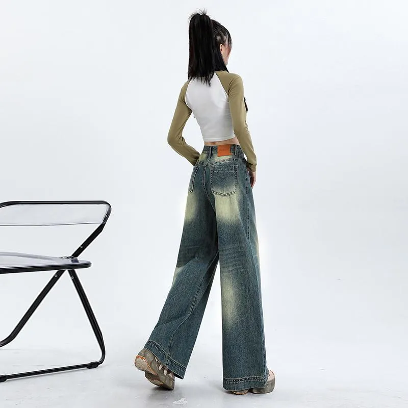 Floor-Length Retro Washed Straight Leg Jeans