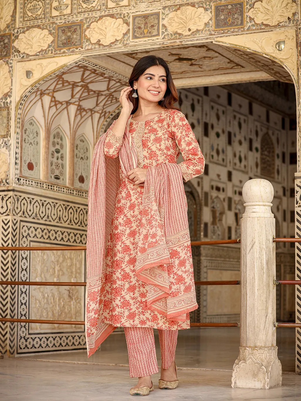 Floral Print Cotton Kurta With Trousers & Dupatta