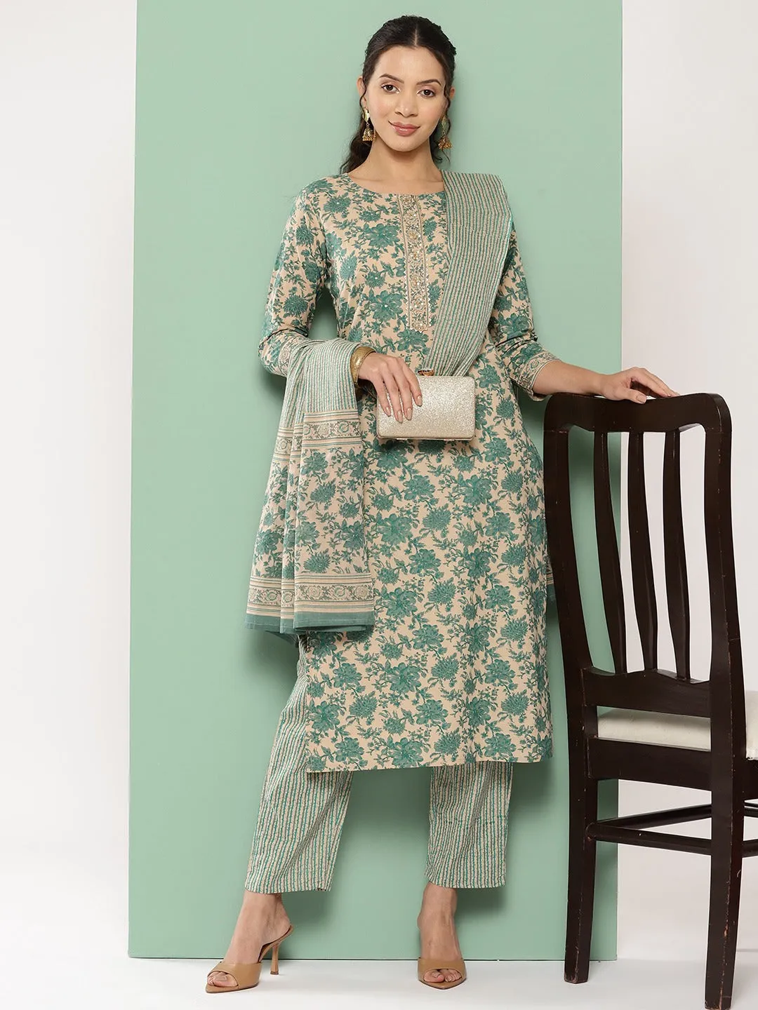 Floral Print Cotton Kurta With Trousers & Dupatta