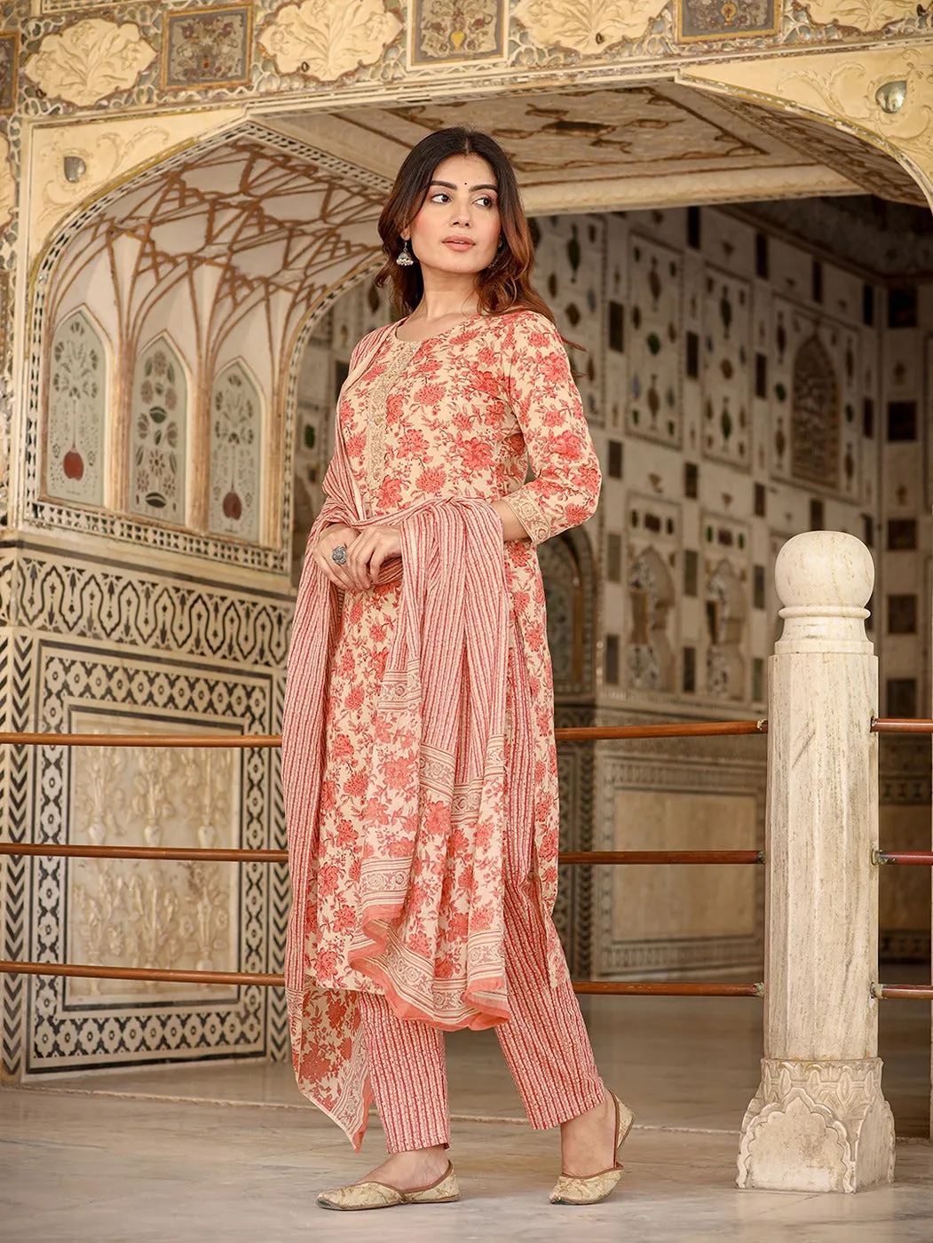 Floral Print Cotton Kurta With Trousers & Dupatta