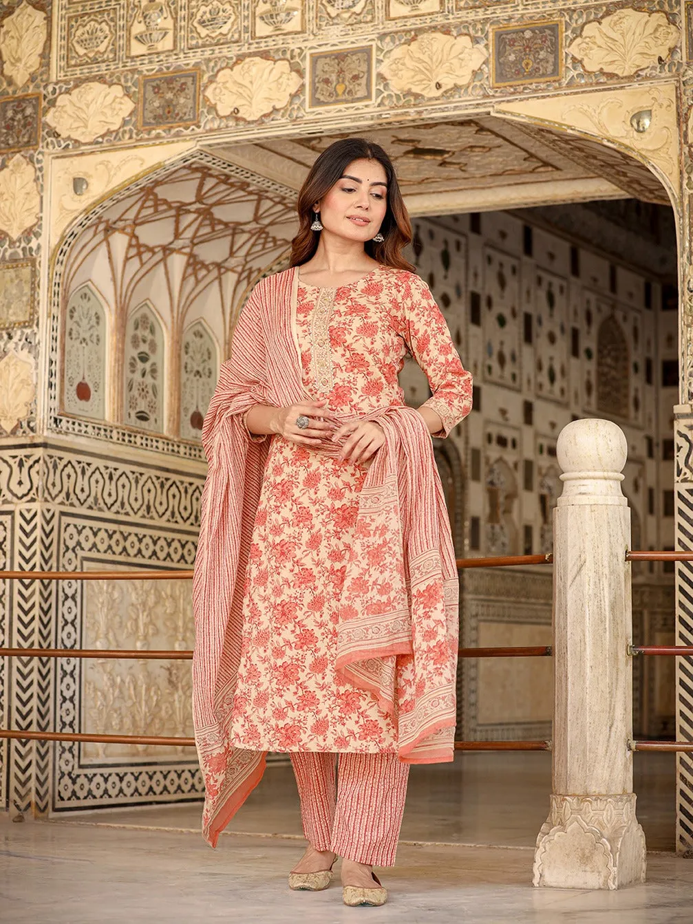 Floral Print Cotton Kurta With Trousers & Dupatta