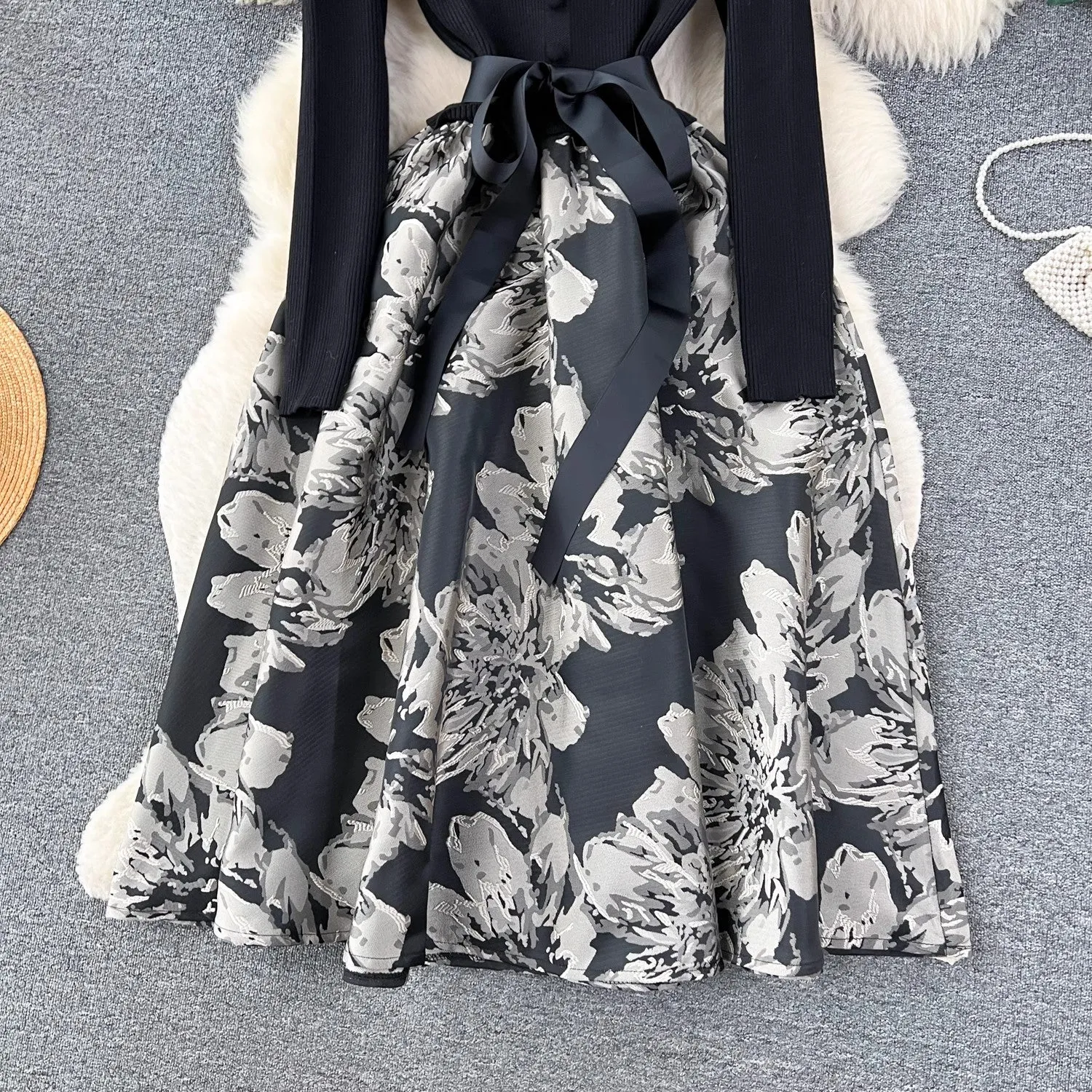 French style luxury dress for women knitted splicing jacquard fluffy dress  S4510