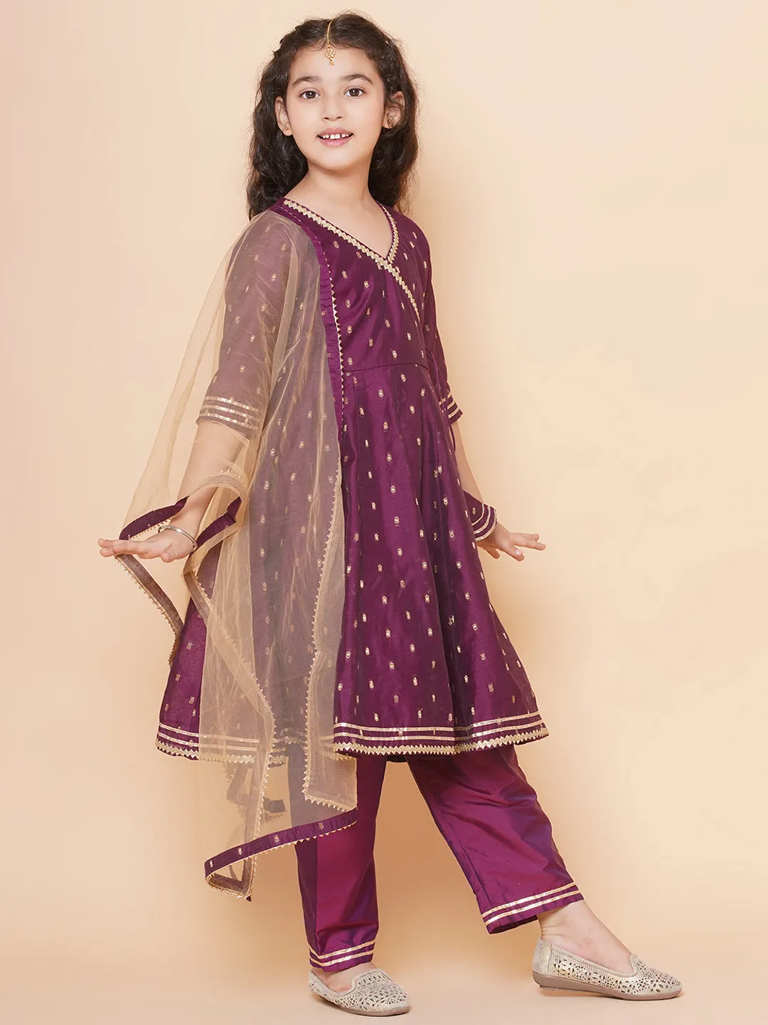 Girls Burgundy  self design  Angrakha Gotta Patti Kurta & Trousers set  With Dupatta