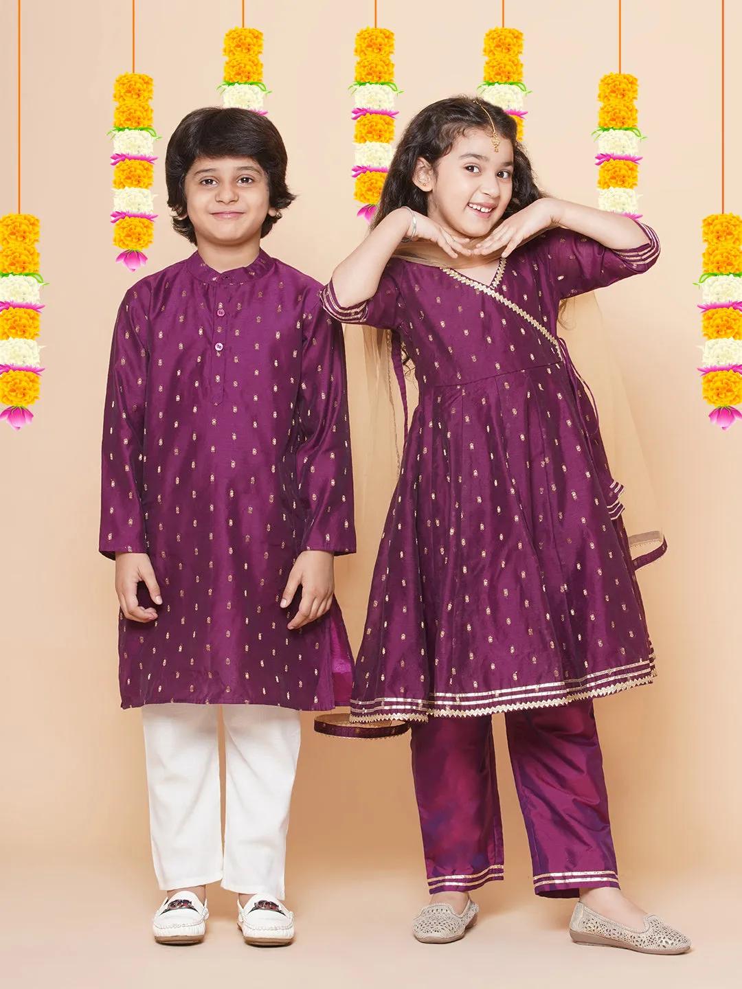 Girls Burgundy  self design  Angrakha Gotta Patti Kurta & Trousers set  With Dupatta