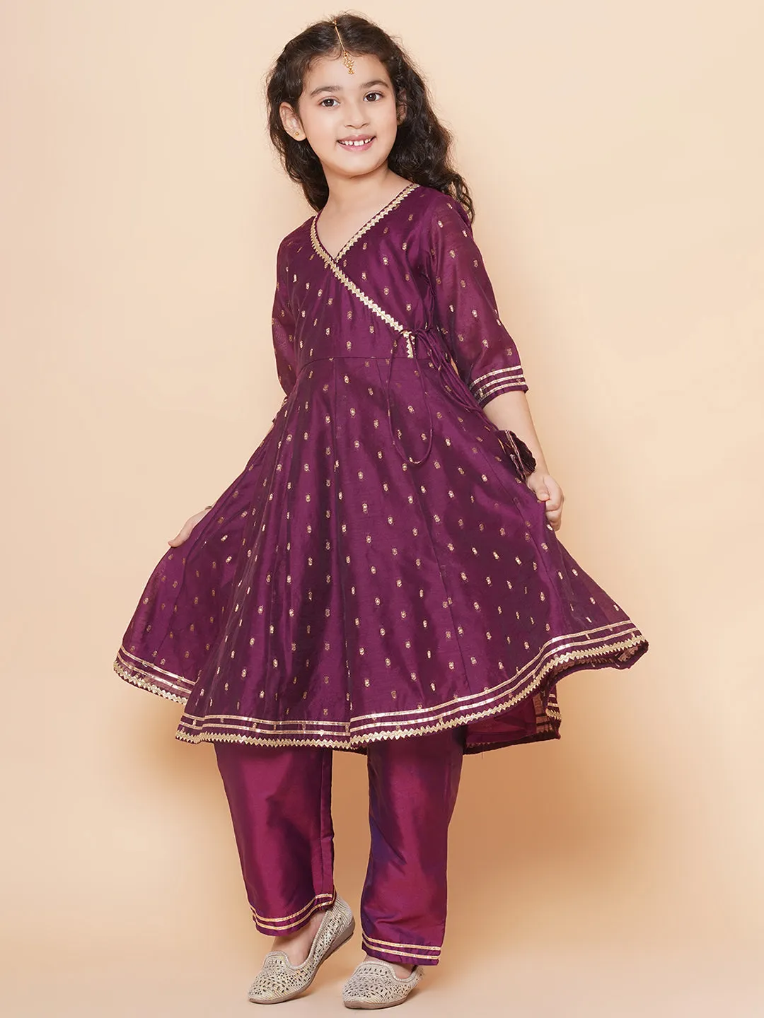 Girls Burgundy  self design  Angrakha Gotta Patti Kurta & Trousers set  With Dupatta