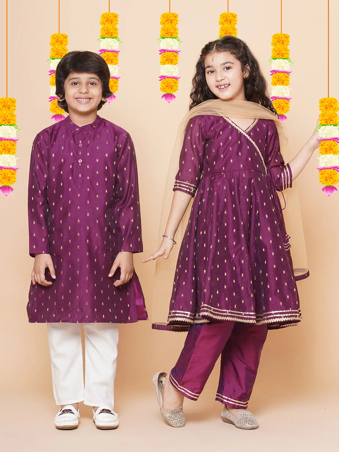 Girls Burgundy  self design  Angrakha Gotta Patti Kurta & Trousers set  With Dupatta