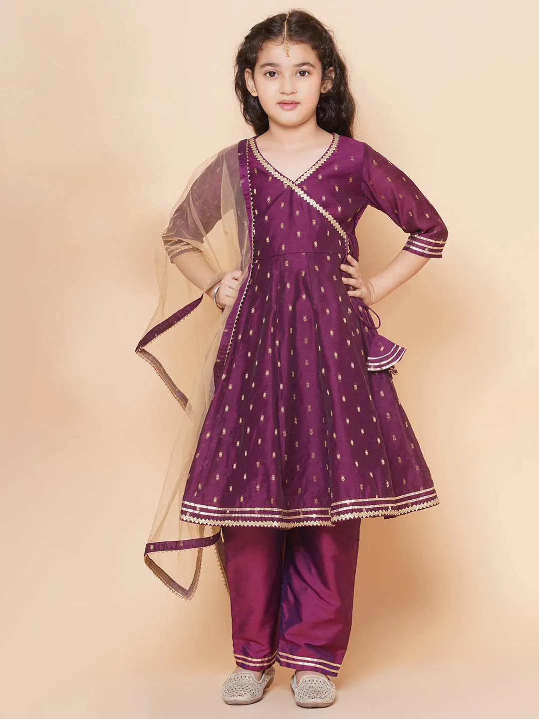 Girls Burgundy  self design  Angrakha Gotta Patti Kurta & Trousers set  With Dupatta