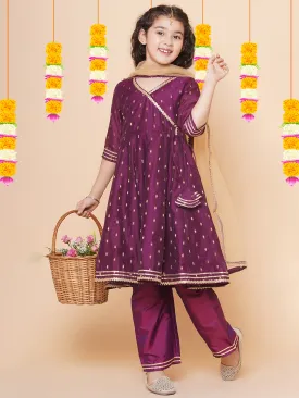 Girls Burgundy  self design  Angrakha Gotta Patti Kurta & Trousers set  With Dupatta