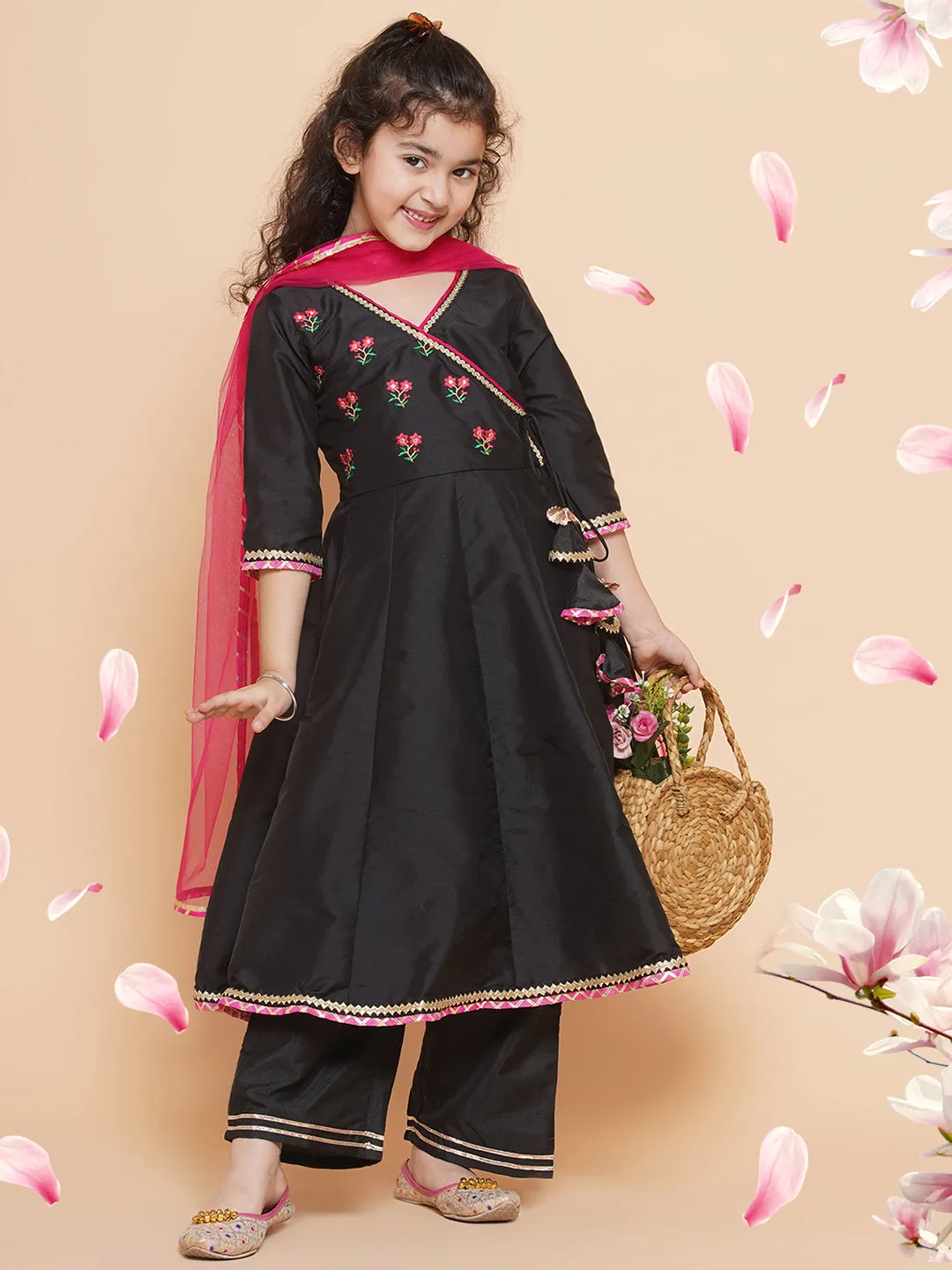 Girls Embroidered Angrakha Kurta with Trousers & Dupatta