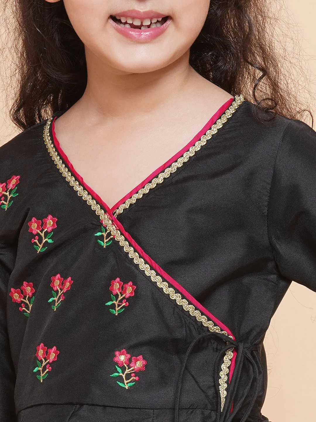 Girls Embroidered Angrakha Kurta with Trousers & Dupatta