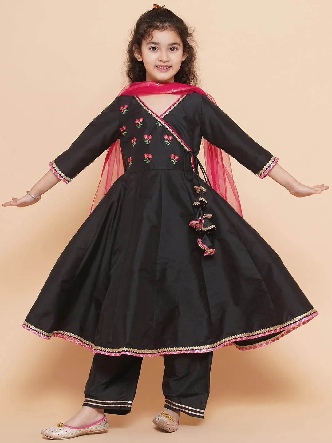 Girls Embroidered Angrakha Kurta with Trousers & Dupatta