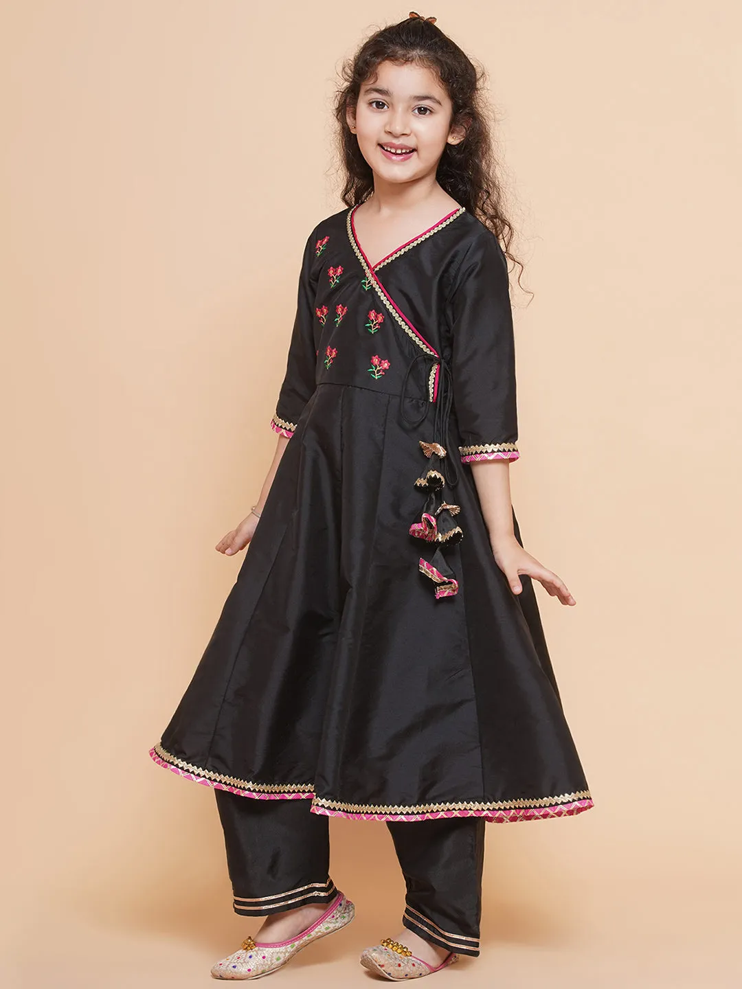 Girls Embroidered Angrakha Kurta with Trousers & Dupatta