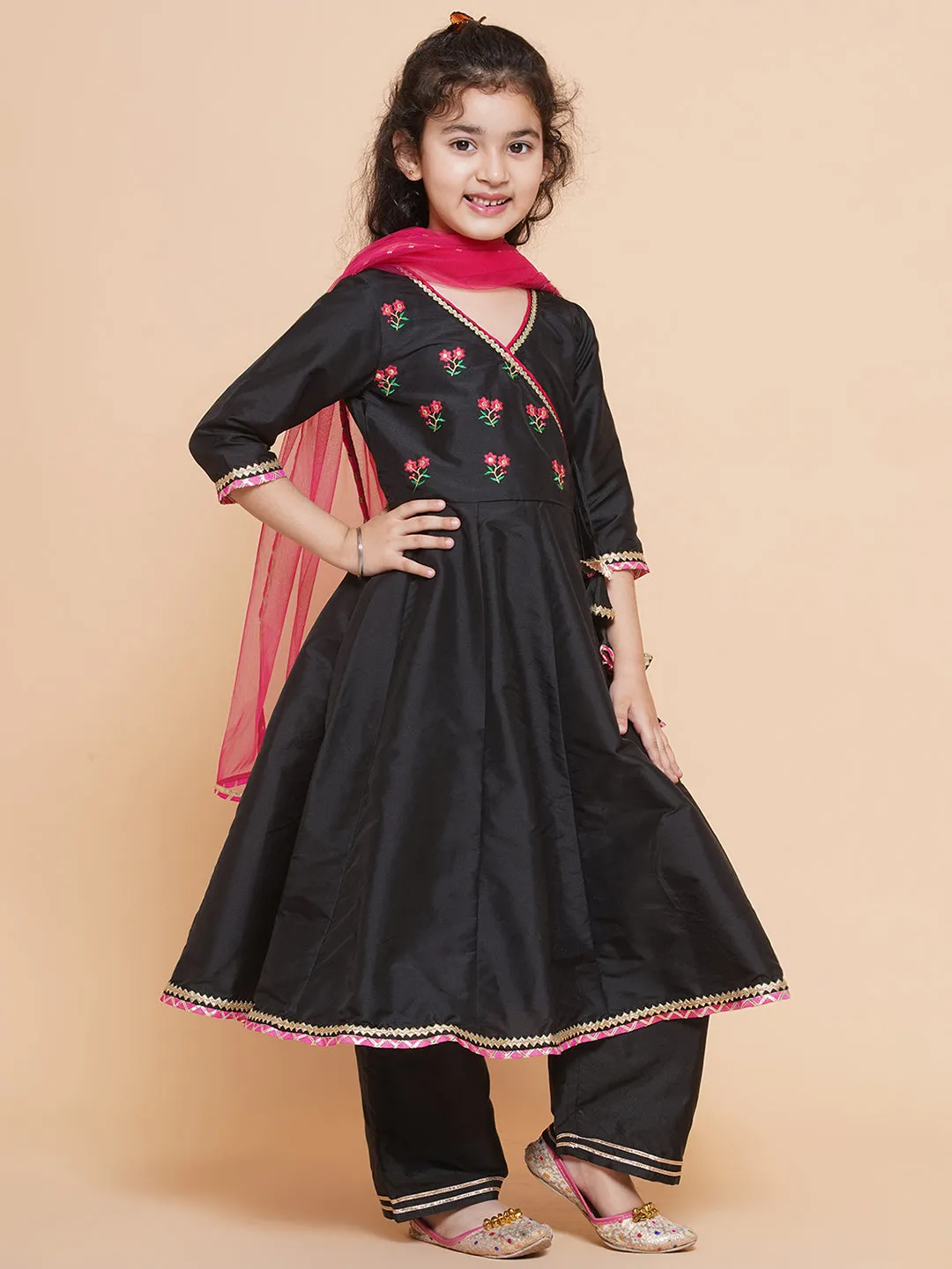 Girls Embroidered Angrakha Kurta with Trousers & Dupatta