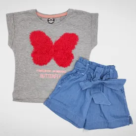 Girls Set - Cotton Tshirt & Short Jeans - "Butterfly" Grey