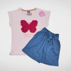 Girls Set - Cotton Tshirt & Short Jeans - "Butterfly" Pink (Pink Butterfly)