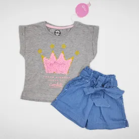 Girls Set - Cotton Tshirt & Short Jeans - "Crown"  Grey