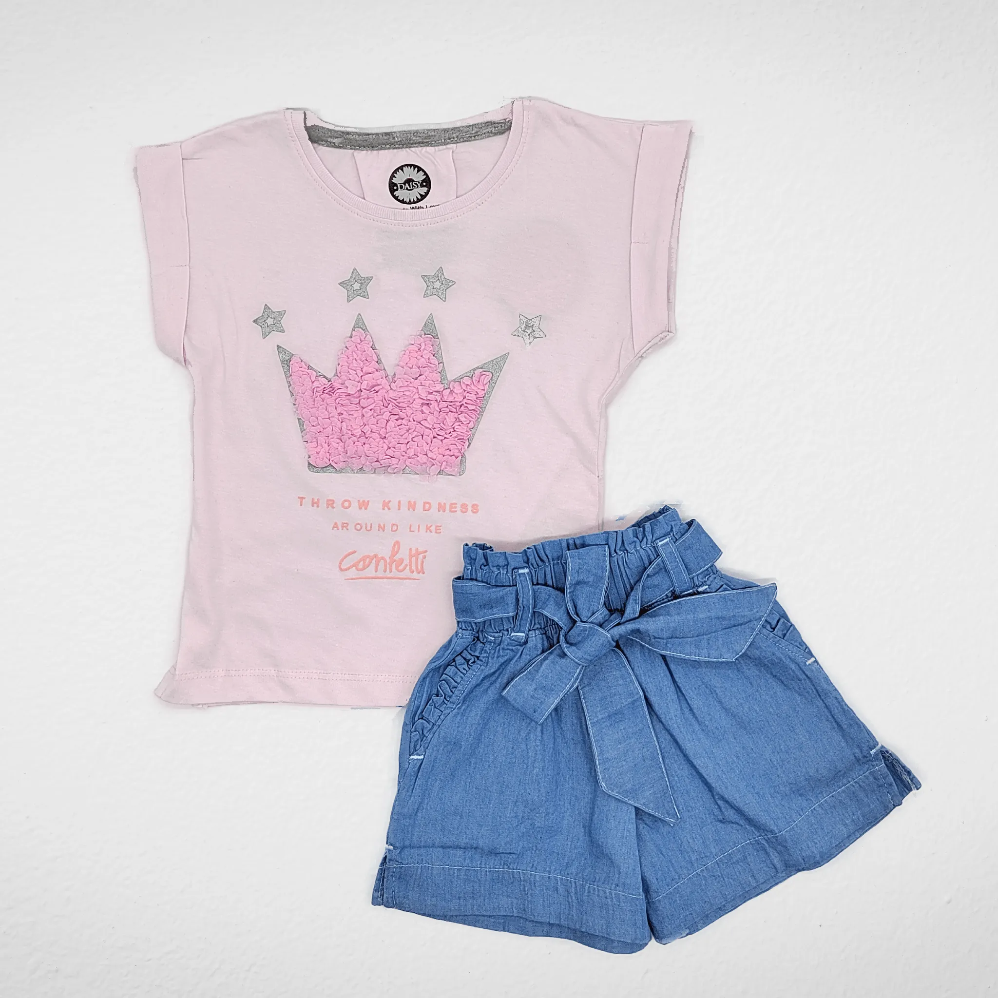 Girls Set - Cotton Tshirt & Short Jeans - "Crown" Pink