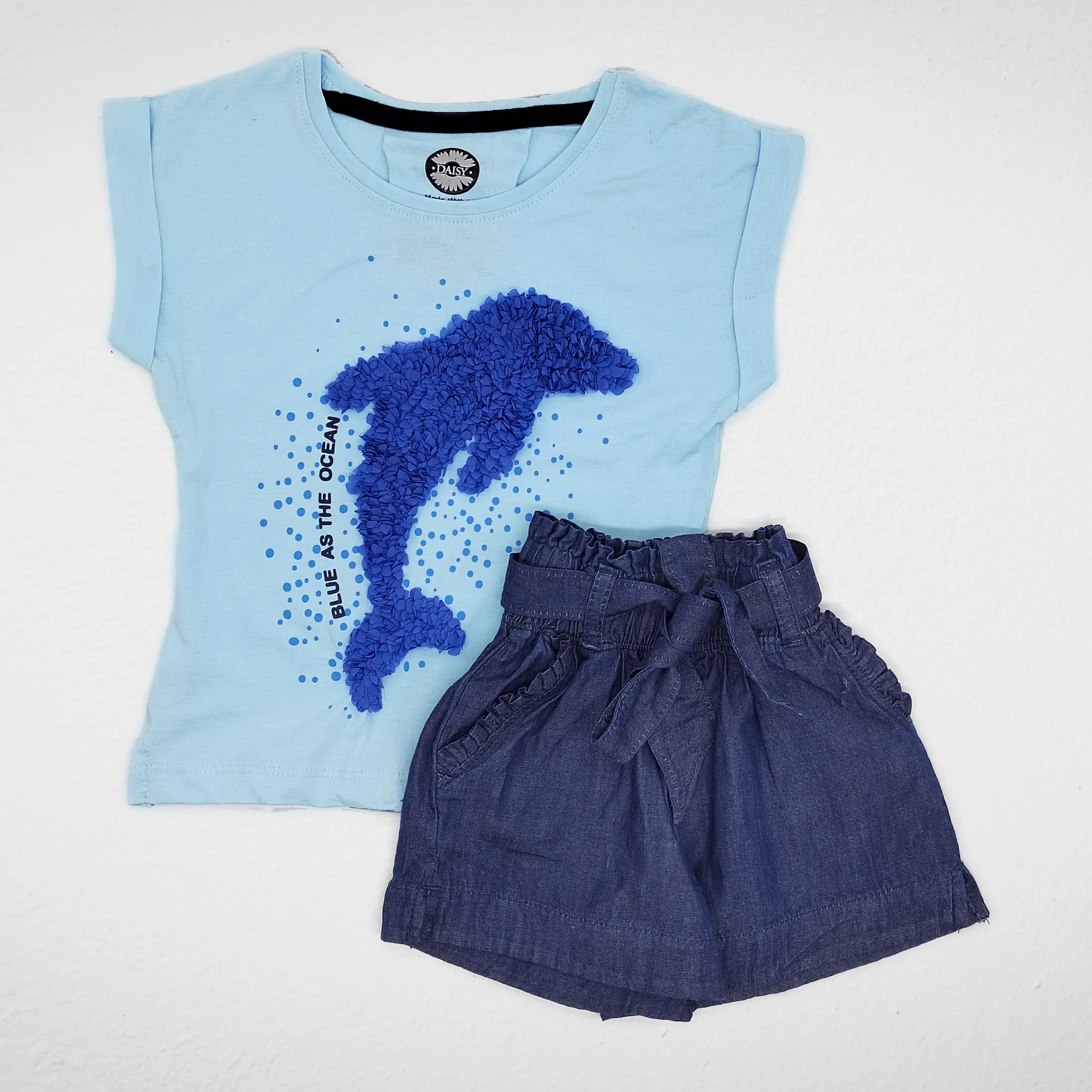 Girls Set - Cotton Tshirt & Short Jeans - "Dolphin" - Baby Blue