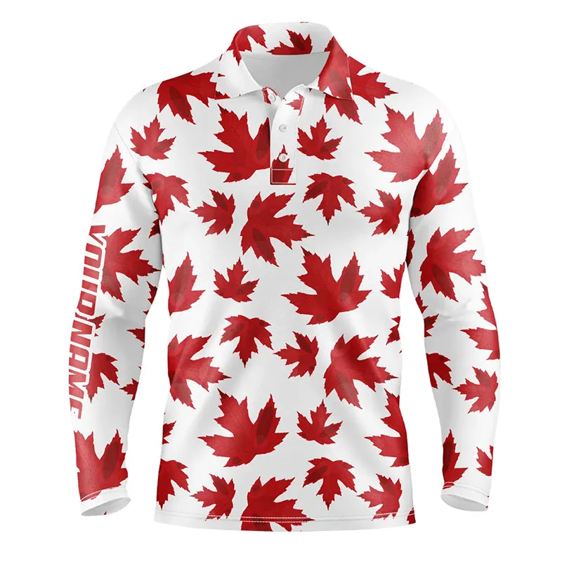 Golf Polo Shirts Custom Patriot Golf Tops Red Canada Maple Leaf Pattern Team Golf Long Sleeve Polo Shirts