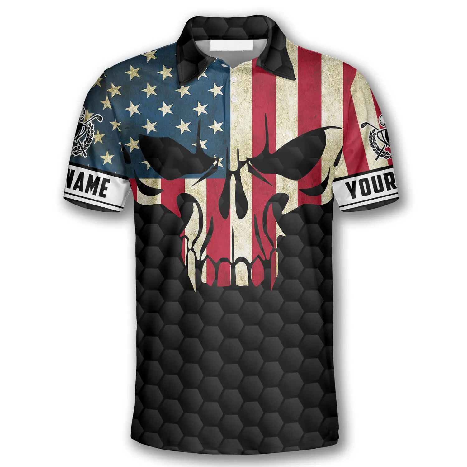 Golf Skull American Flag Custom Golf Polo Shirts for Men