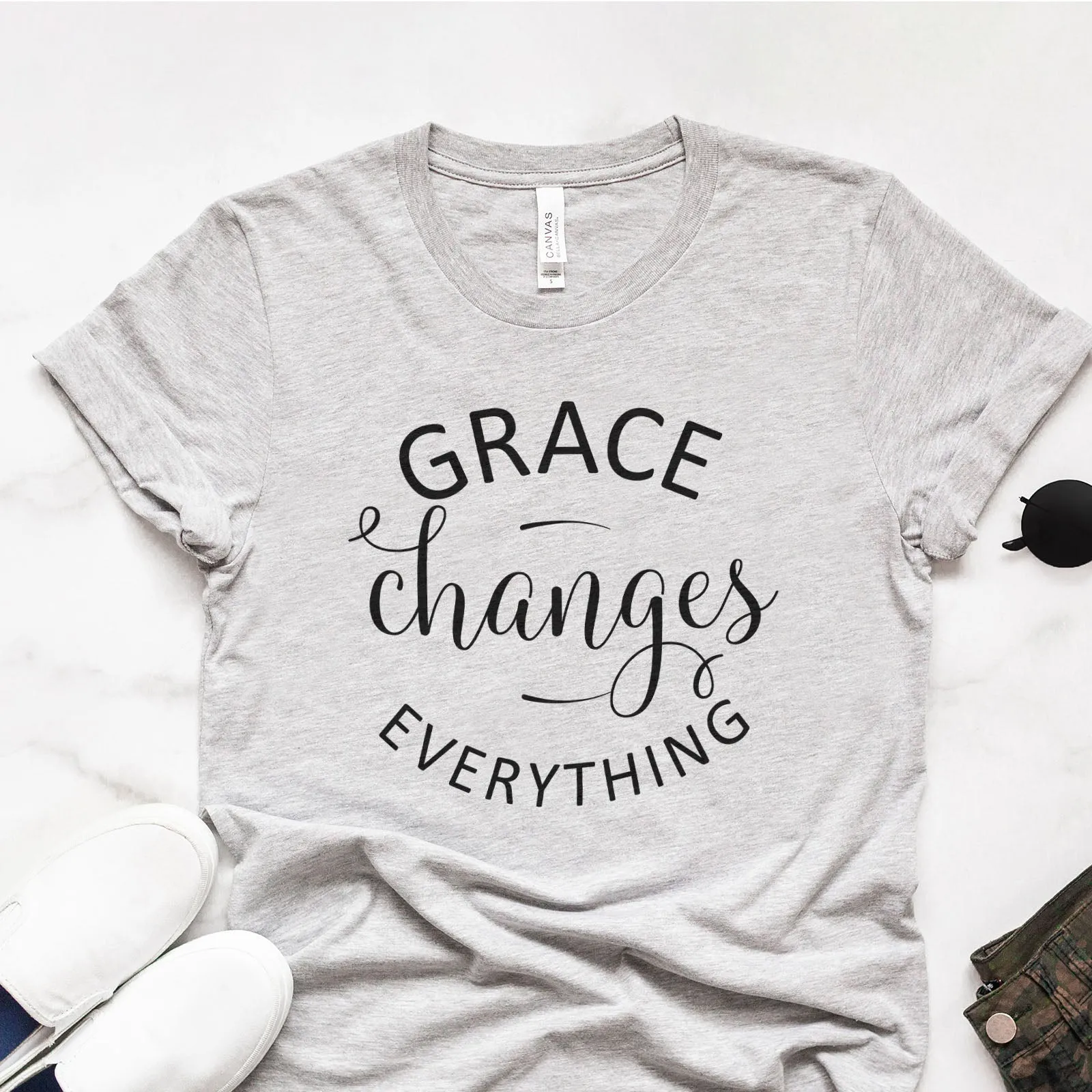 Grace Changes Everything Round Tee Shirts For Women - Christian Shirts for Women - Religious Tee Shirts