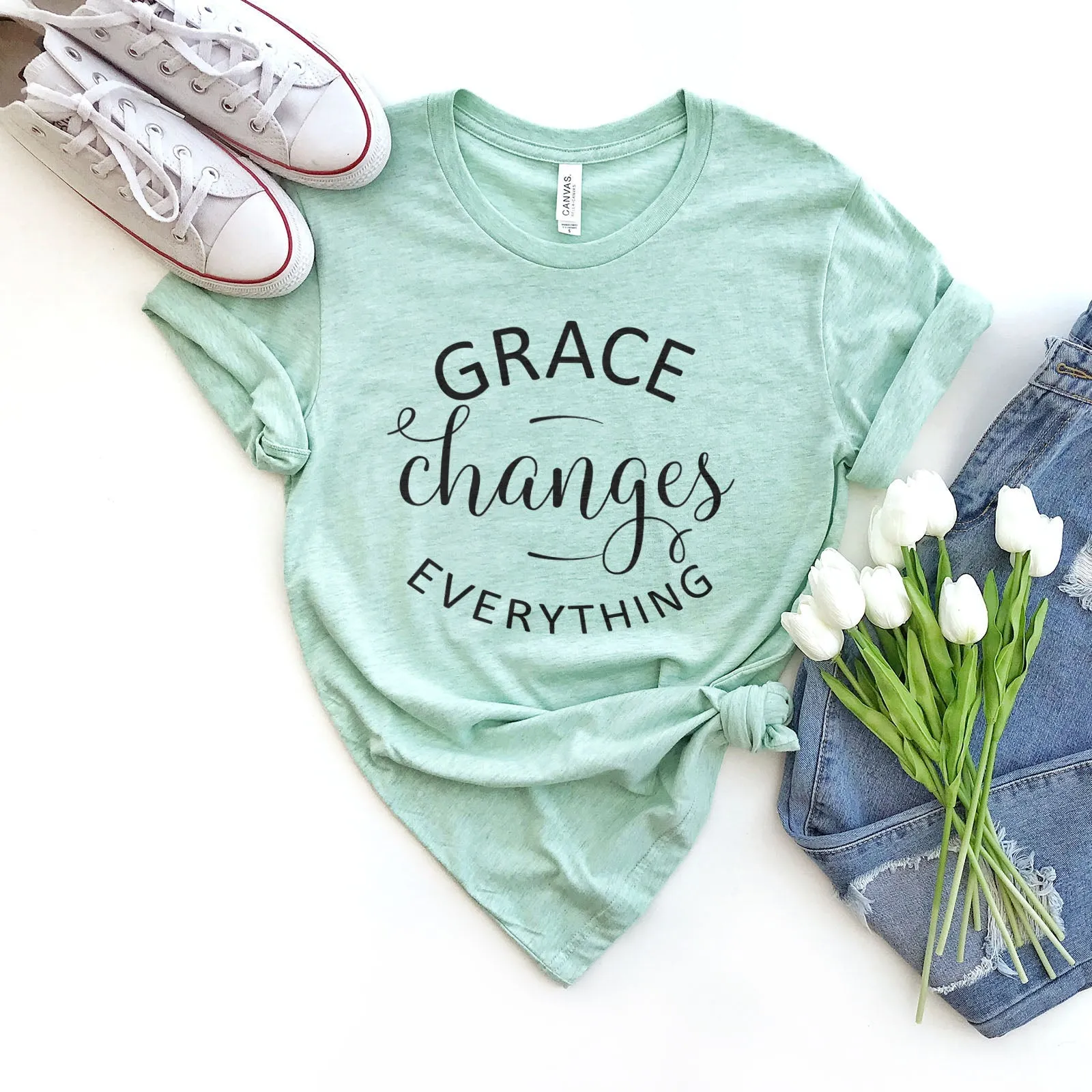 Grace Changes Everything Round Tee Shirts For Women - Christian Shirts for Women - Religious Tee Shirts