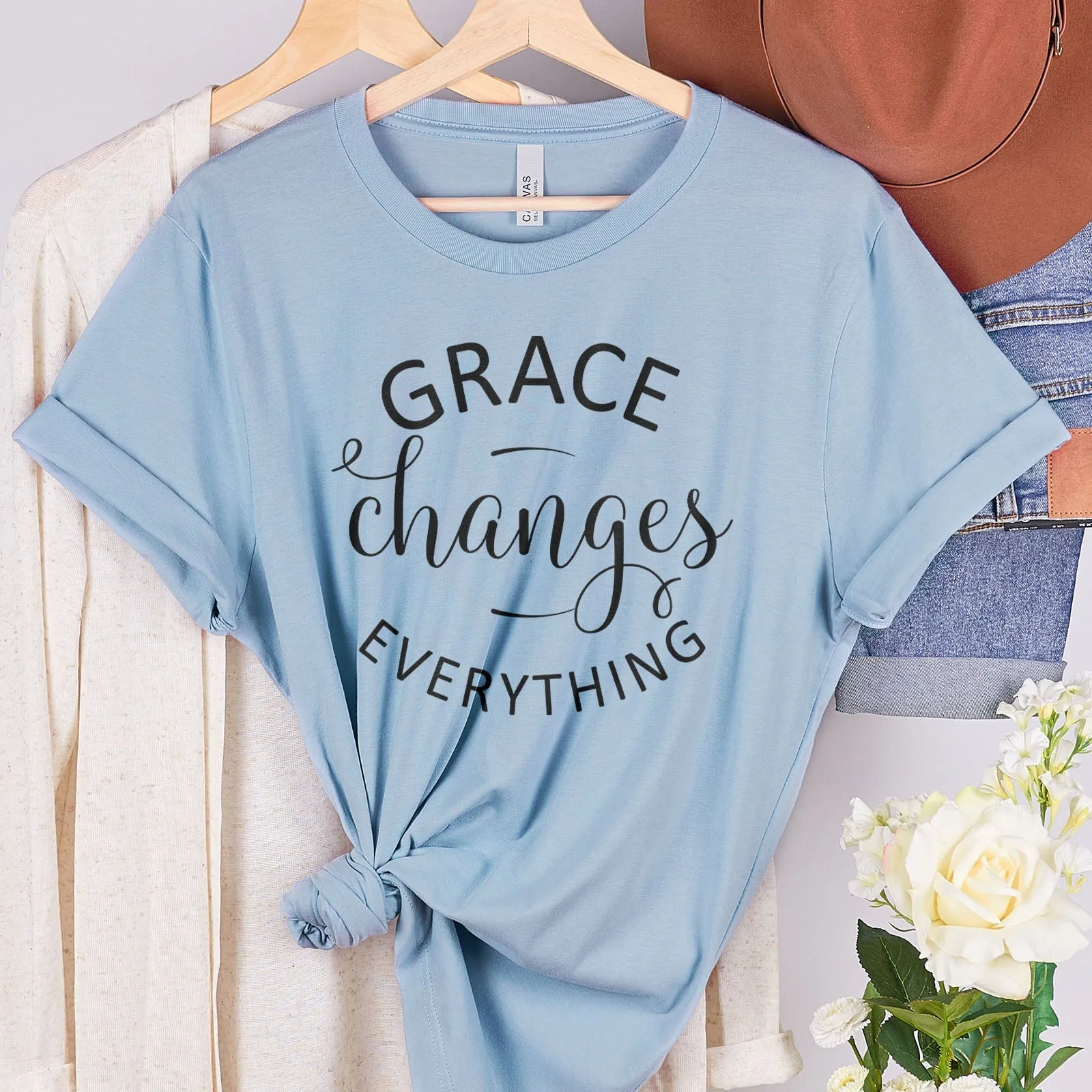 Grace Changes Everything Round Tee Shirts For Women - Christian Shirts for Women - Religious Tee Shirts