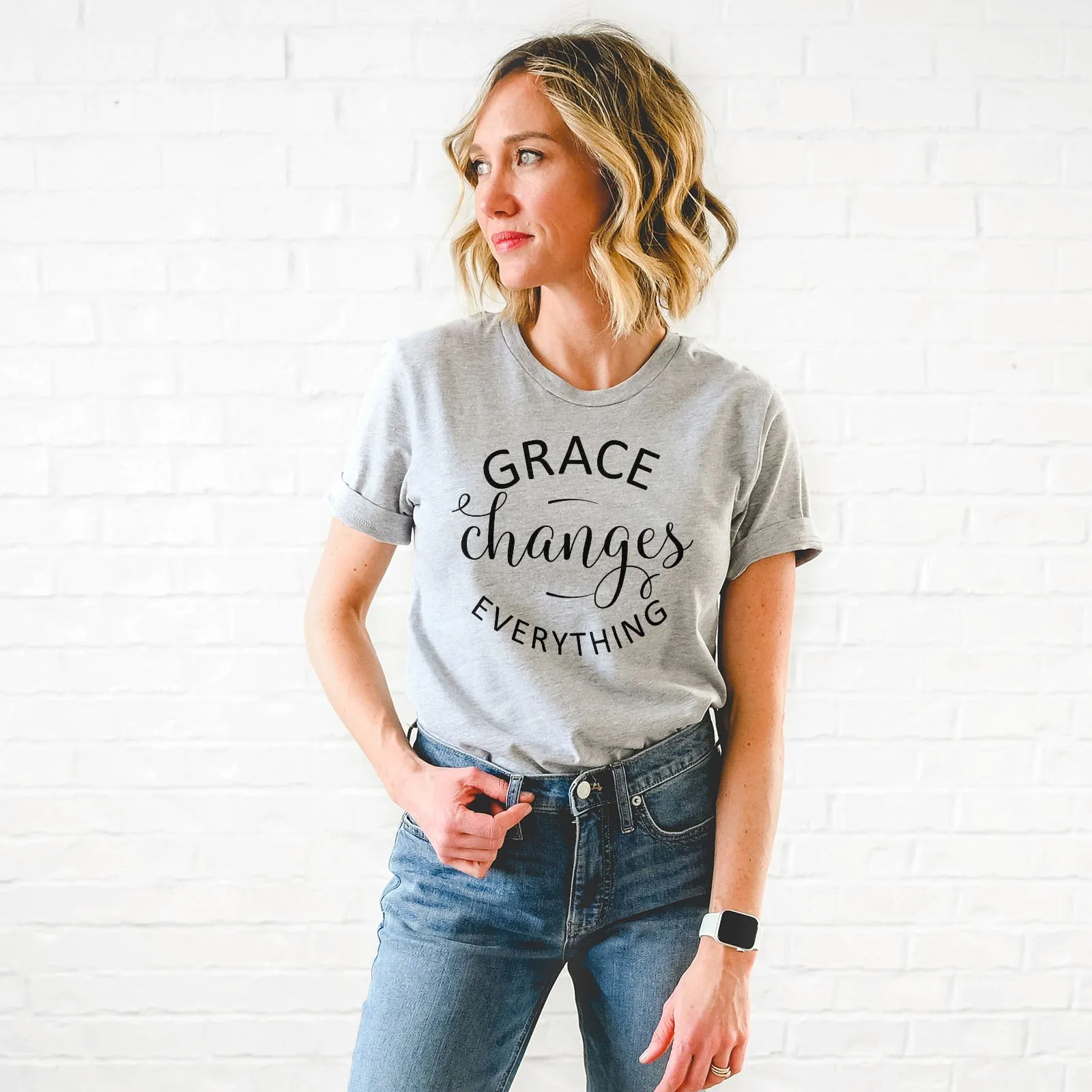 Grace Changes Everything Round Tee Shirts For Women - Christian Shirts for Women - Religious Tee Shirts