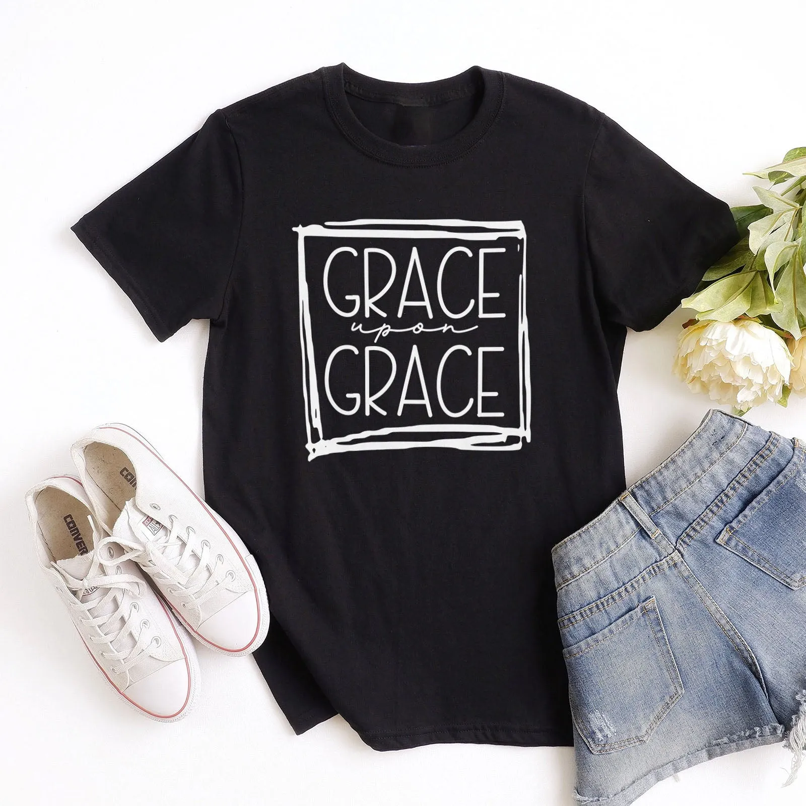 Grace Upon Grace Square Tee Shirts For Women - Christian Shirts for Women - Religious Tee Shirts