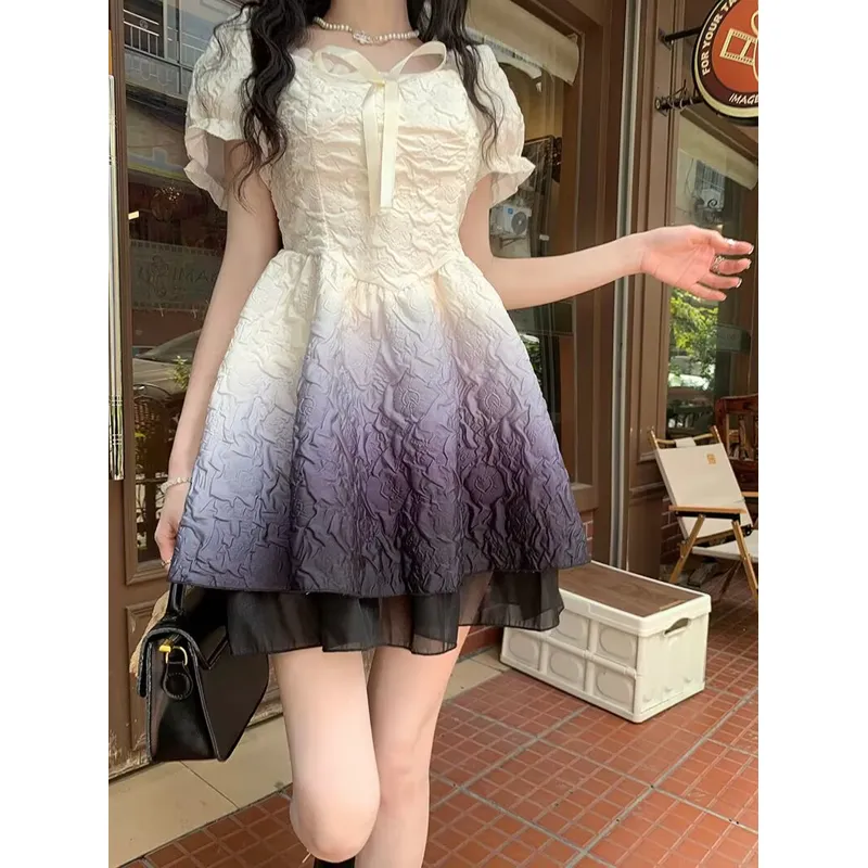 Gradient Color Elastic Bubble Dress