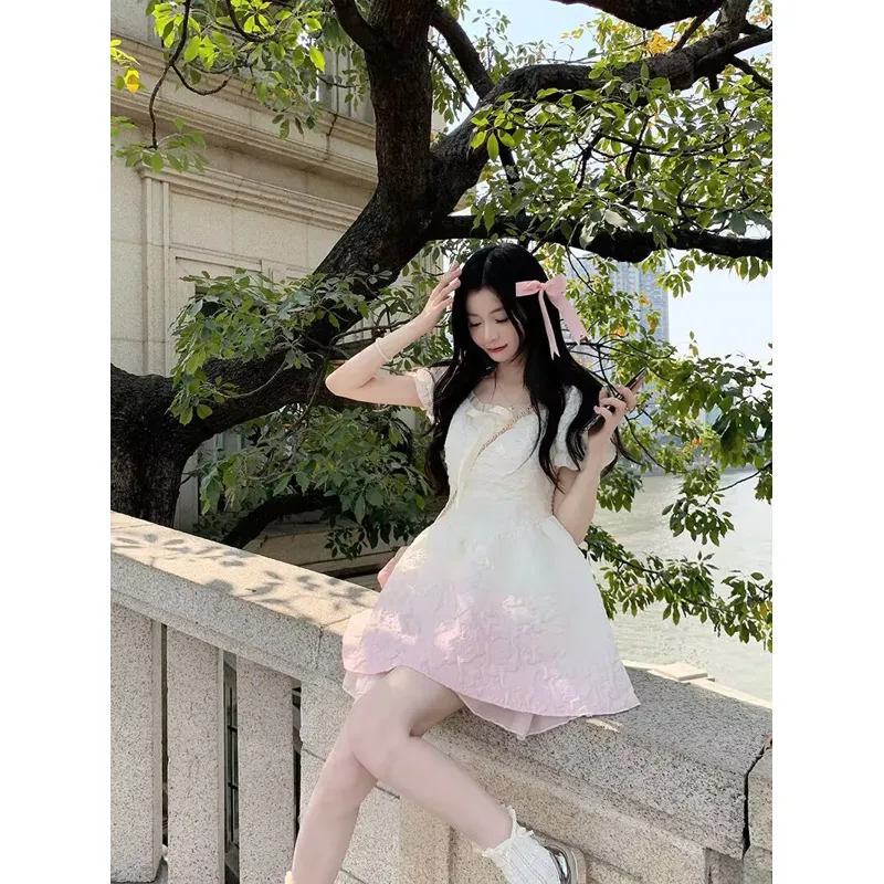 Gradient Color Elastic Bubble Dress