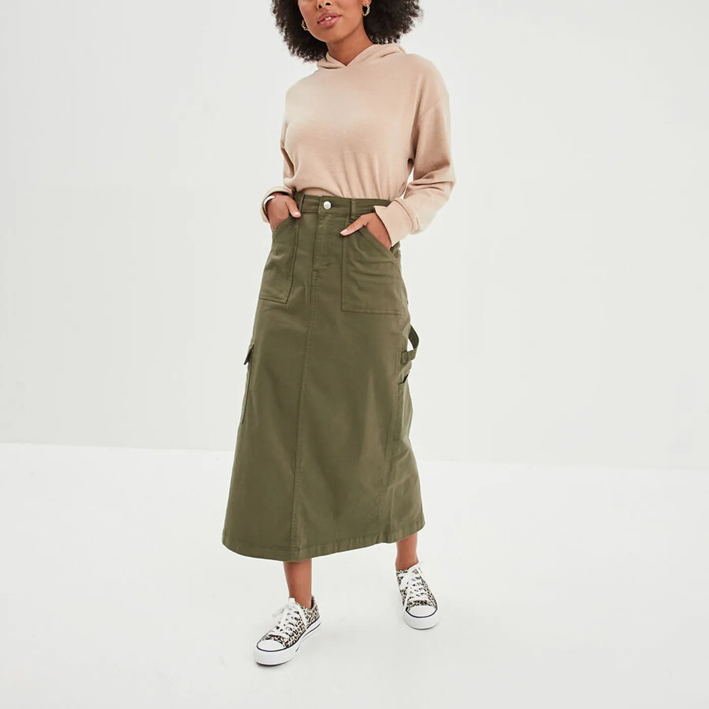 Green Cargo Midi Skirt