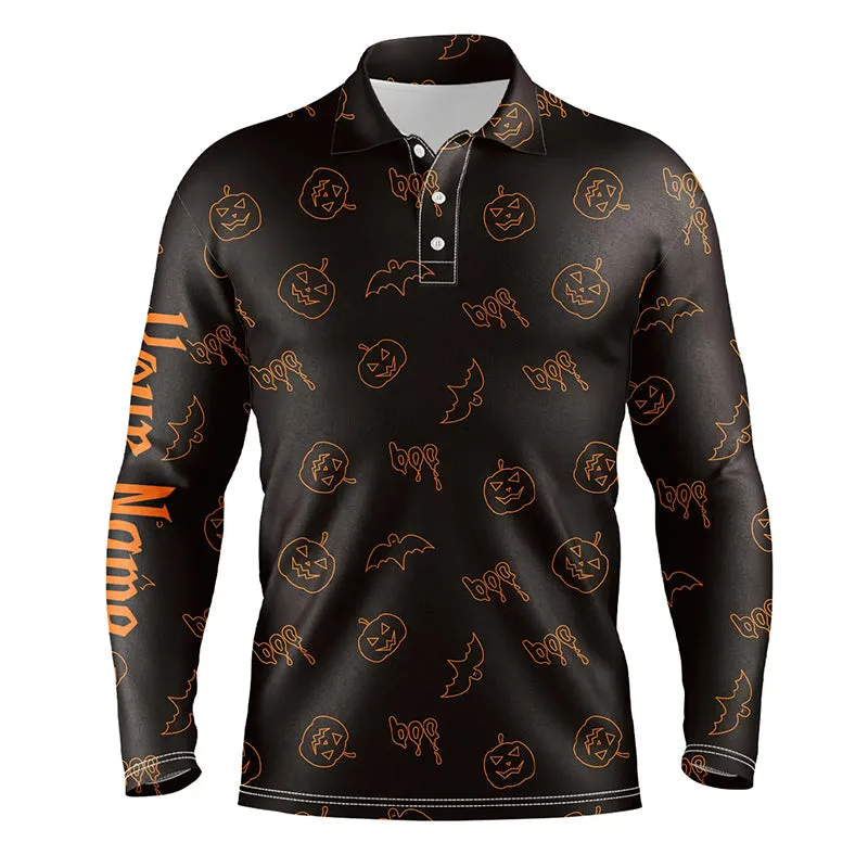 Halloween Pumpkin Pattern Custom Mens Golf Polo Shirts, Halloween Golf Gifts For Men