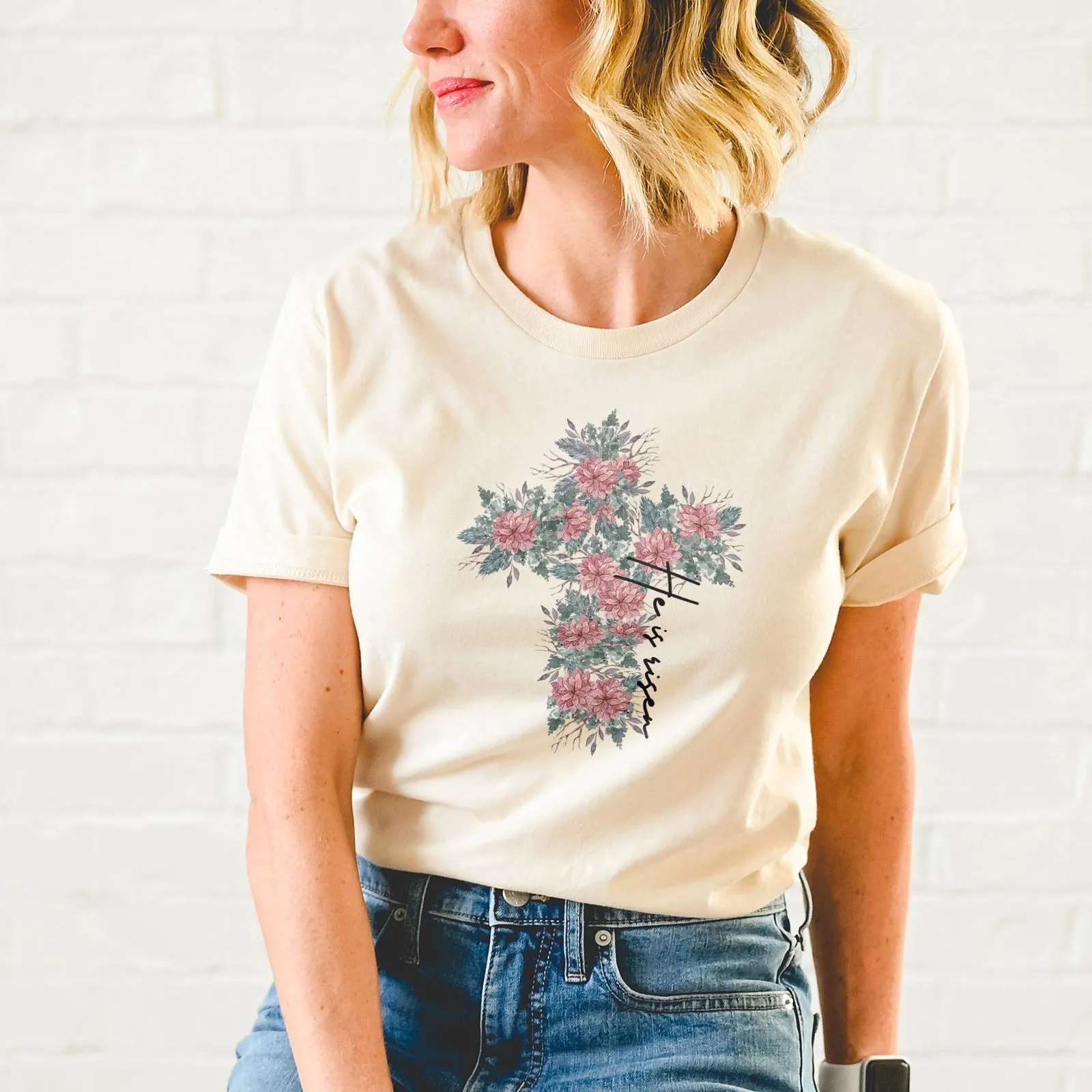 He is Risen Floral Cross Tee Shirts For Women - Christian Easter T Shirts