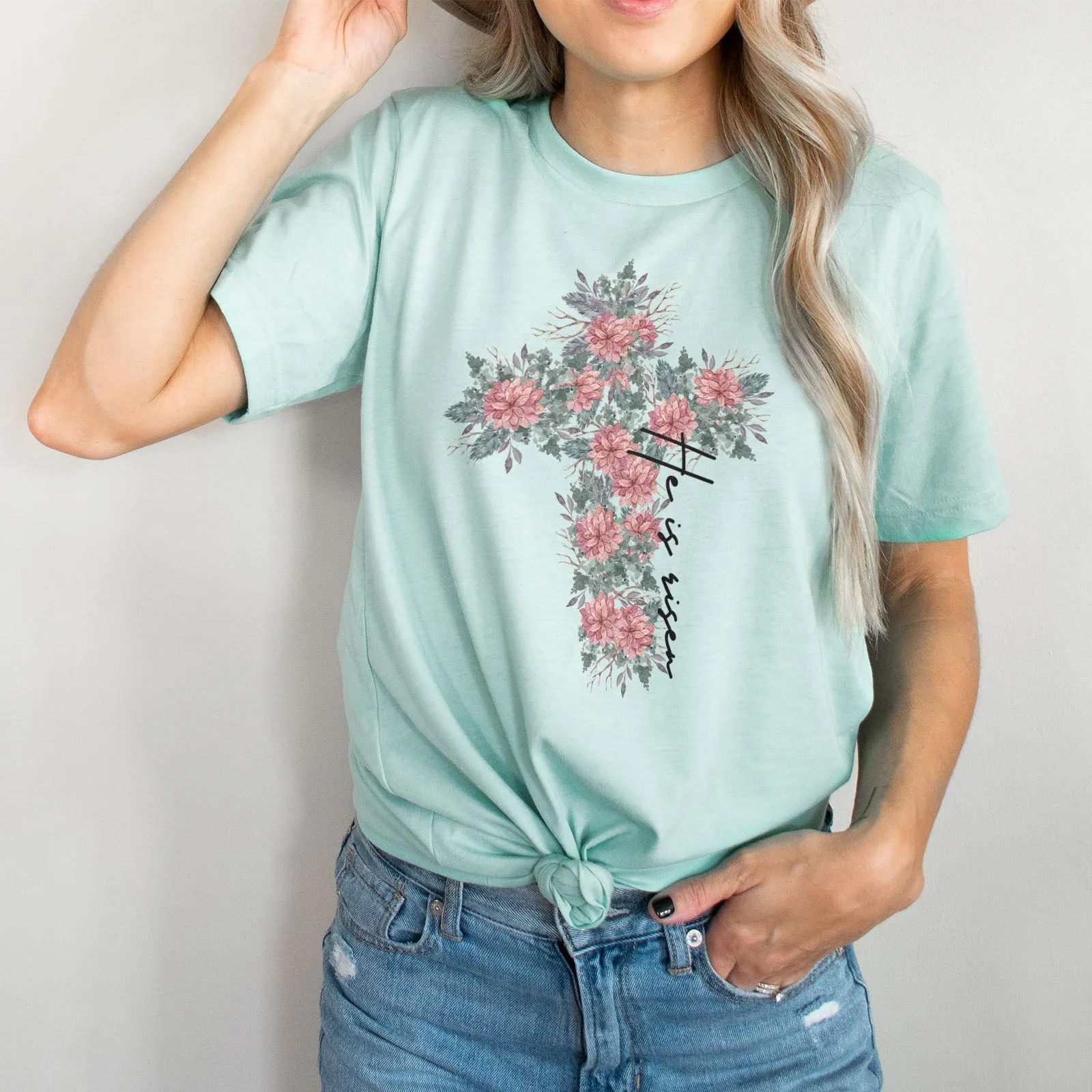 He is Risen Floral Cross Tee Shirts For Women - Christian Easter T Shirts