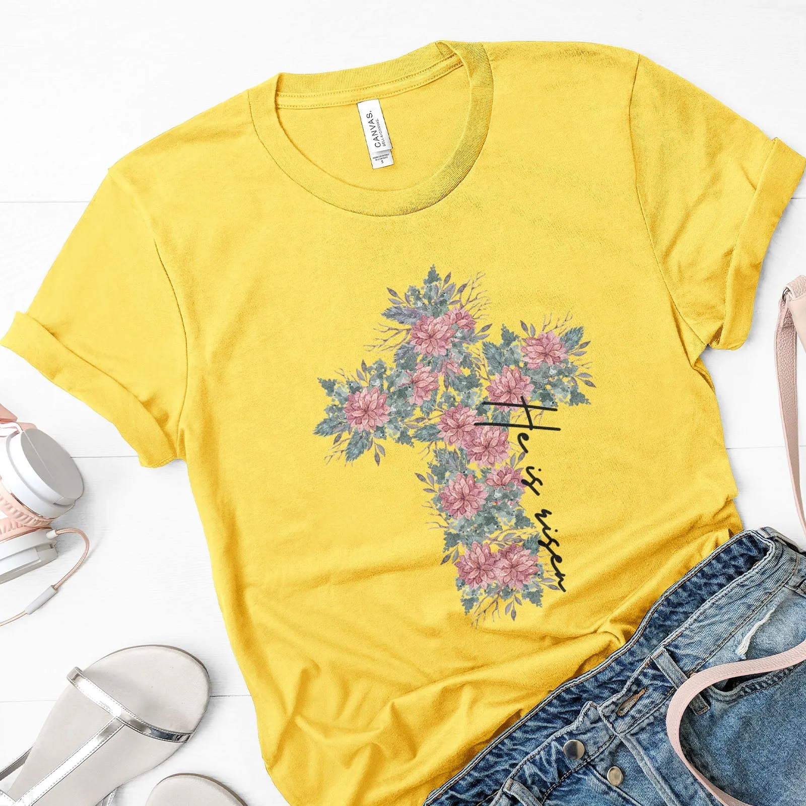 He is Risen Floral Cross Tee Shirts For Women - Christian Easter T Shirts