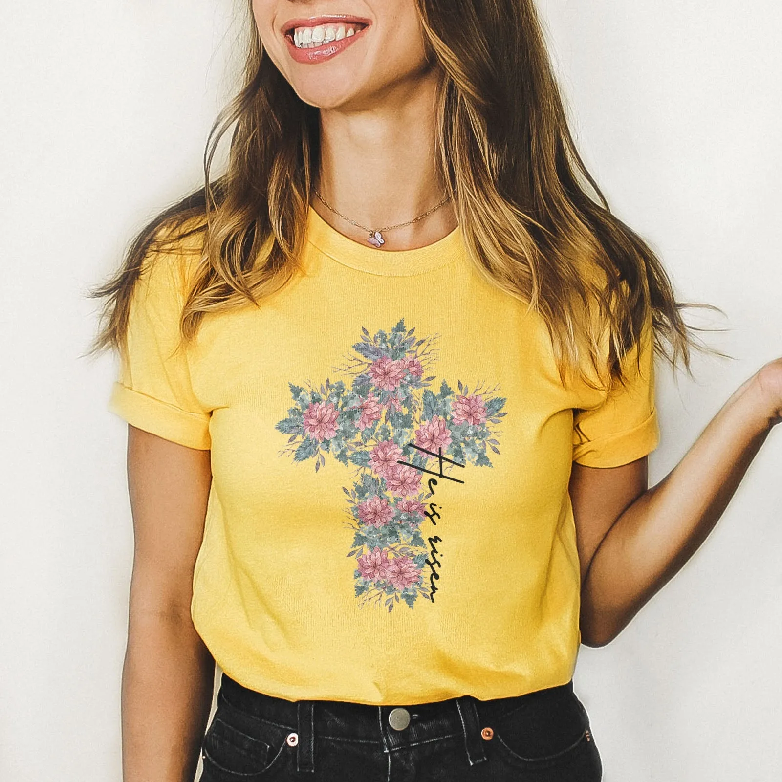 He is Risen Floral Cross Tee Shirts For Women - Christian Easter T Shirts