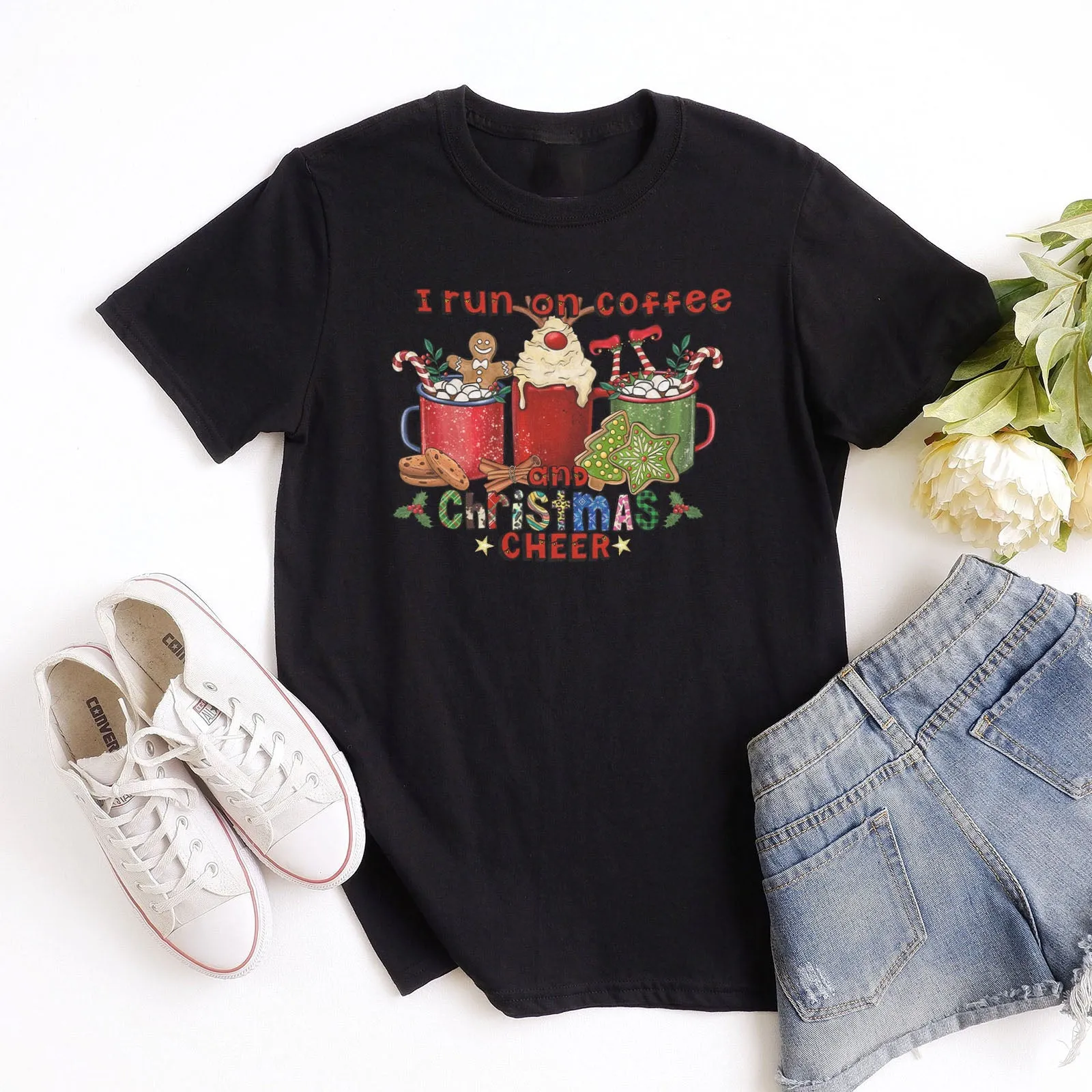 I Run On Coffee And Christmas Cheer Tee Shirts For Women - Christian Shirts for Women - Religious Tee Shirts