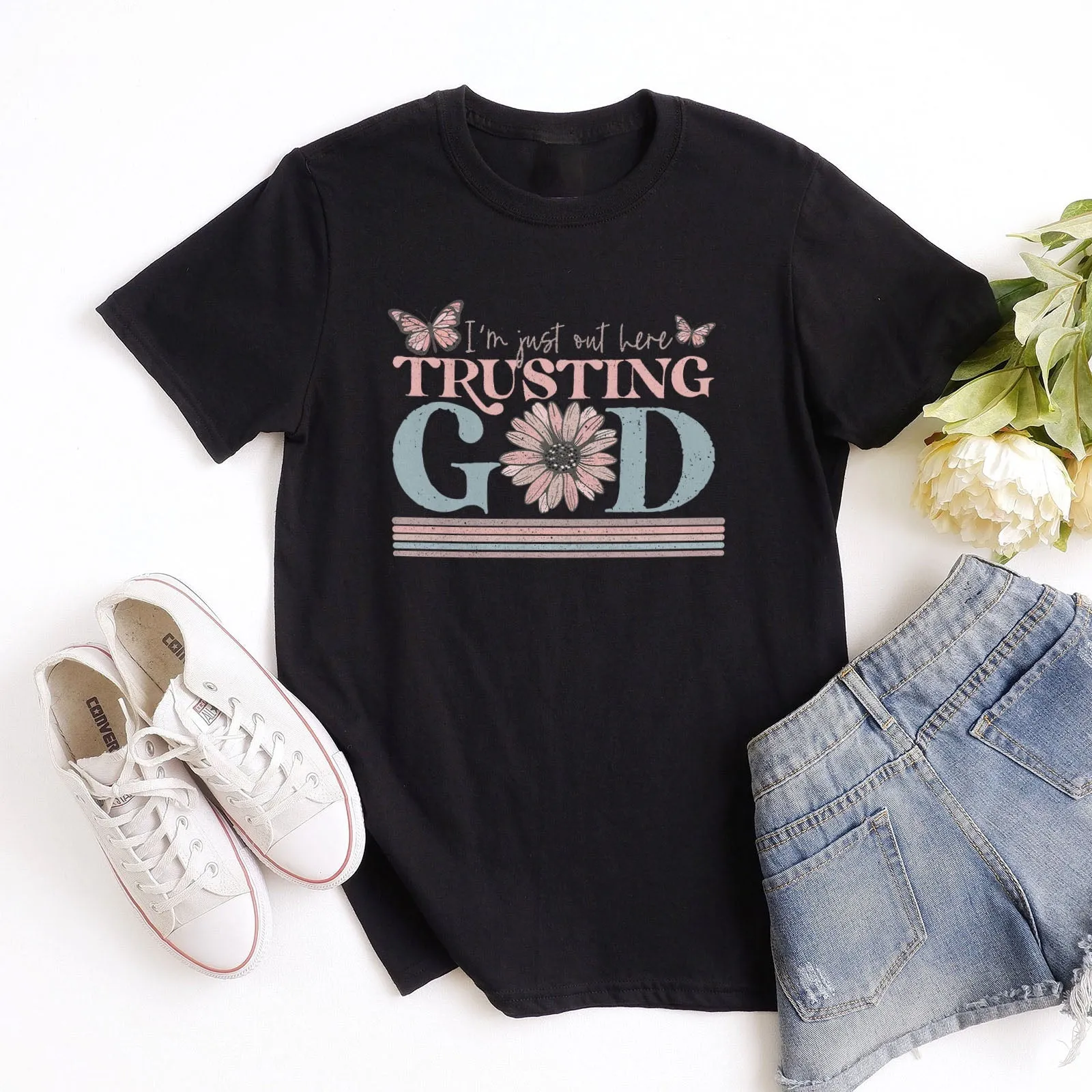 I'm Just Out Here Trusting God Tee Shirts For Women - Christian Shirts for Women - Religious Tee Shirts