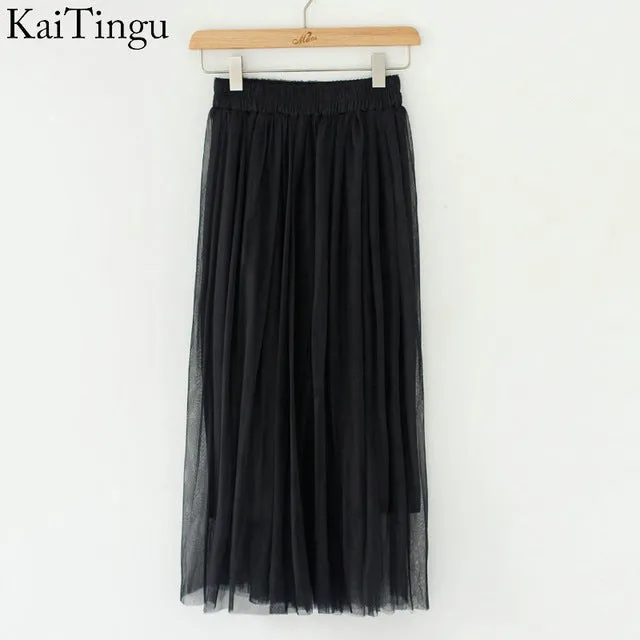 KaiTingu Brand New Fashion 2016 Ladies Gray Color 3 Layer Pleated Skirt Long Tulle Skirts Straight Grey Solid Mesh Skater Skirt