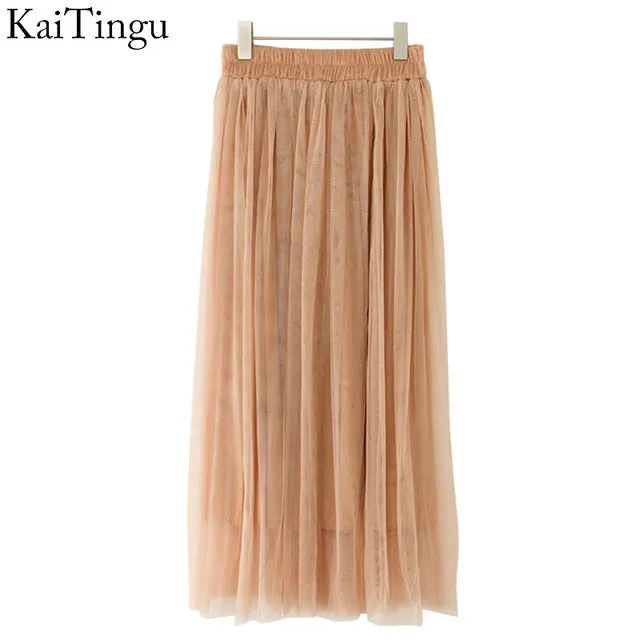 KaiTingu Brand New Fashion 2016 Ladies Gray Color 3 Layer Pleated Skirt Long Tulle Skirts Straight Grey Solid Mesh Skater Skirt