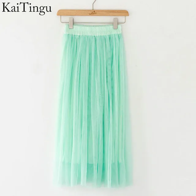 KaiTingu Brand New Fashion 2016 Ladies Gray Color 3 Layer Pleated Skirt Long Tulle Skirts Straight Grey Solid Mesh Skater Skirt